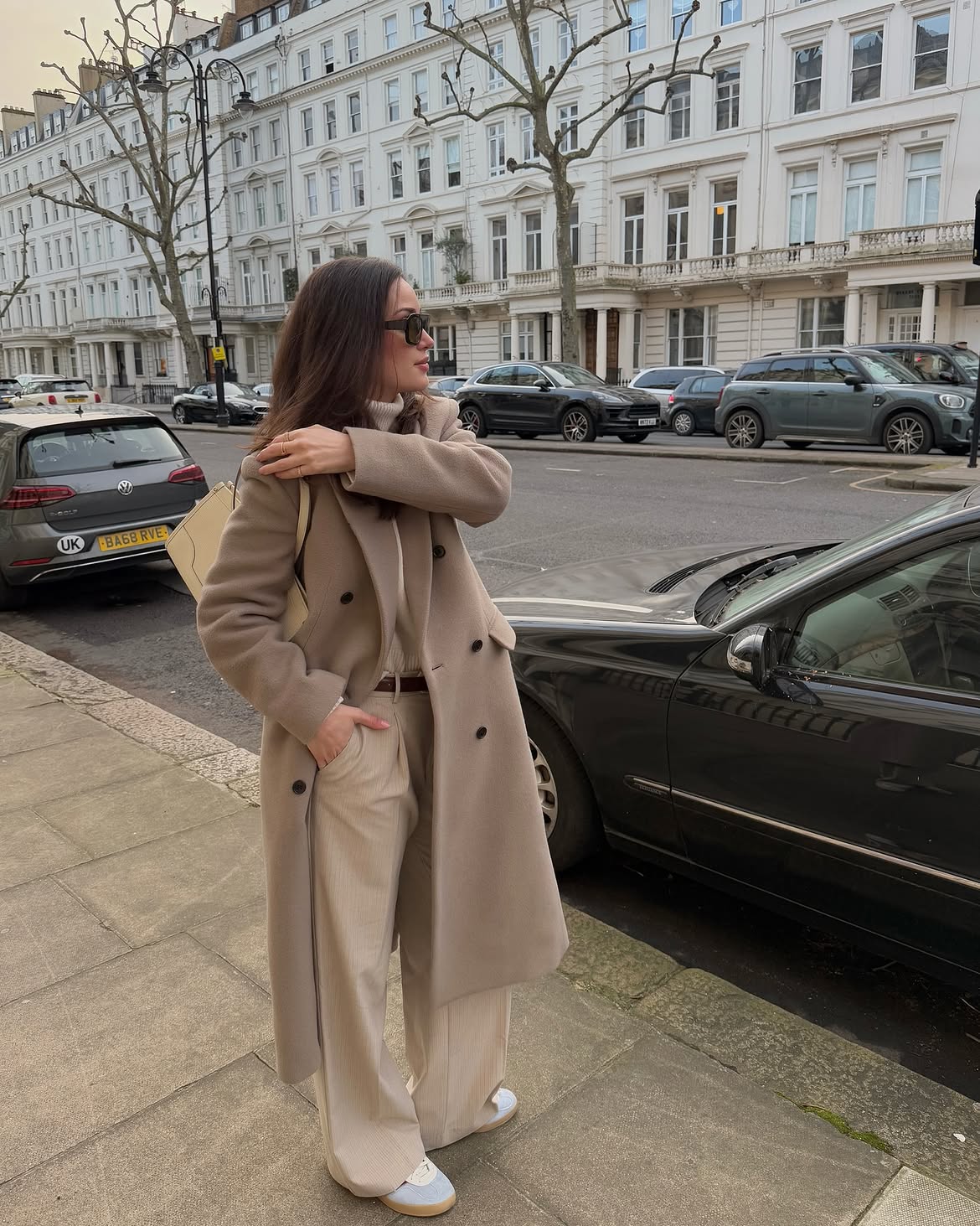 Neutral Wool Coat And Corduroy Trousers City Stroll