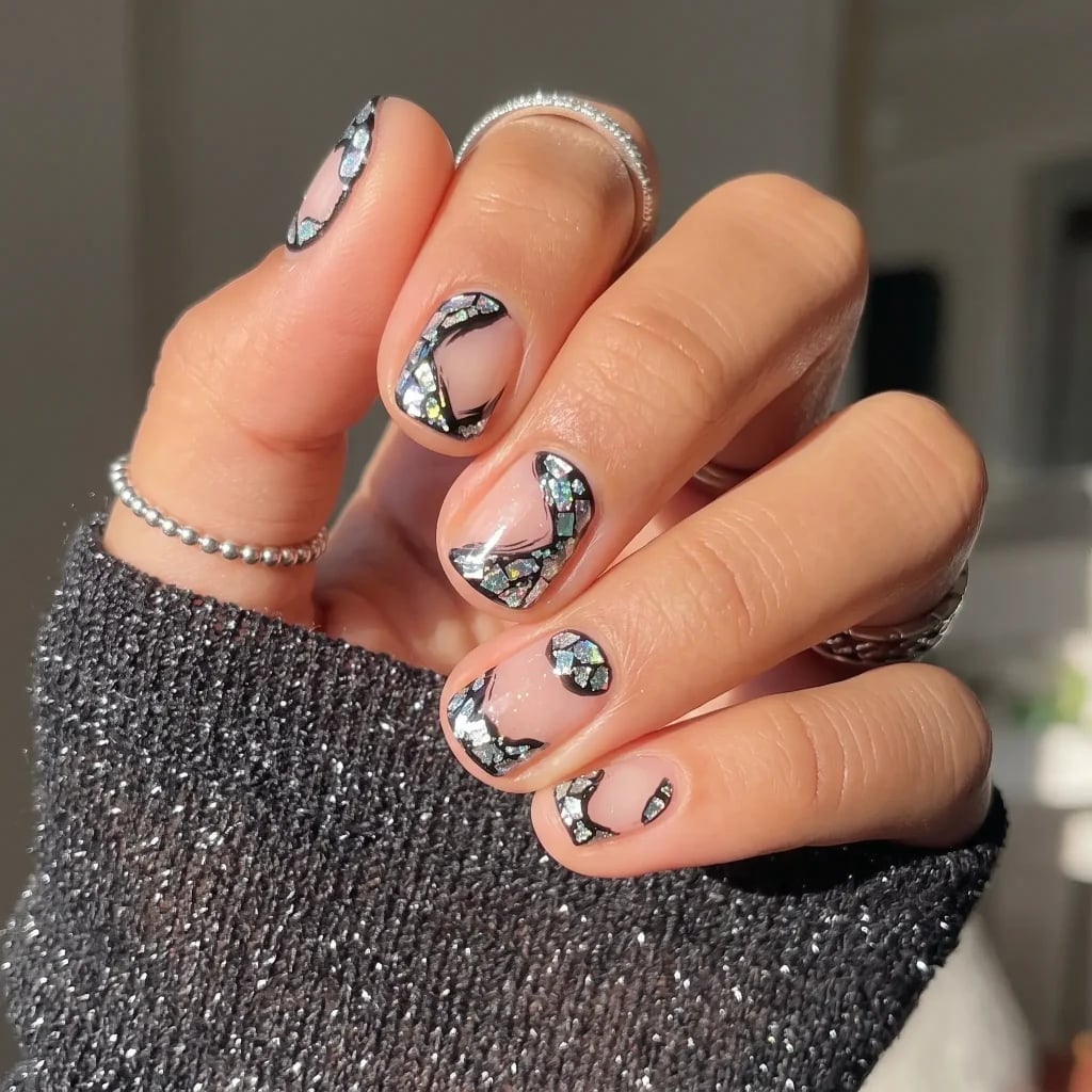 Short Square Broken Glass Black Outline Nails — New Years Eve Nails
