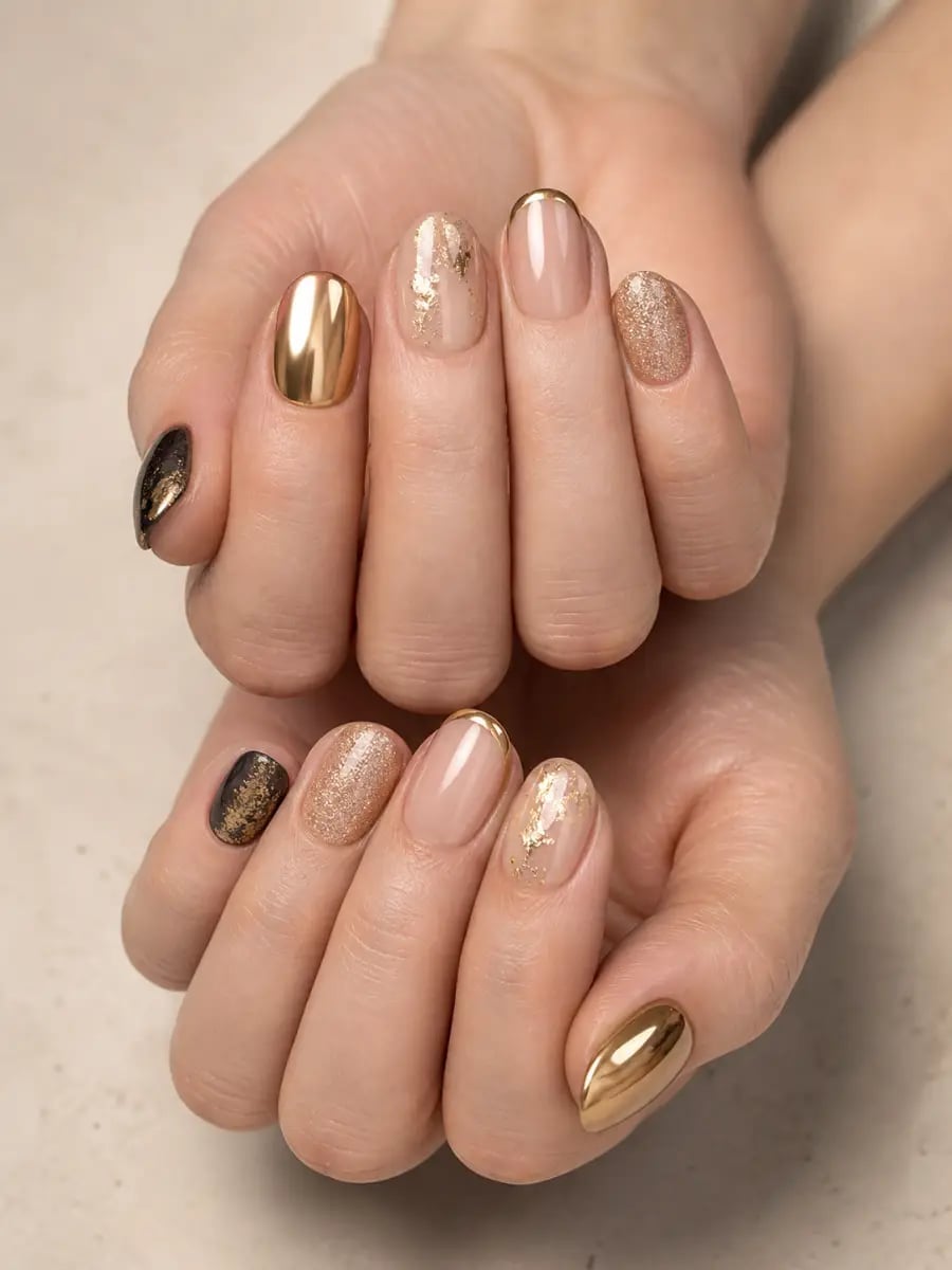 Short Oval Nude Gold Foil Chrome Nails — New Years Eve Nails