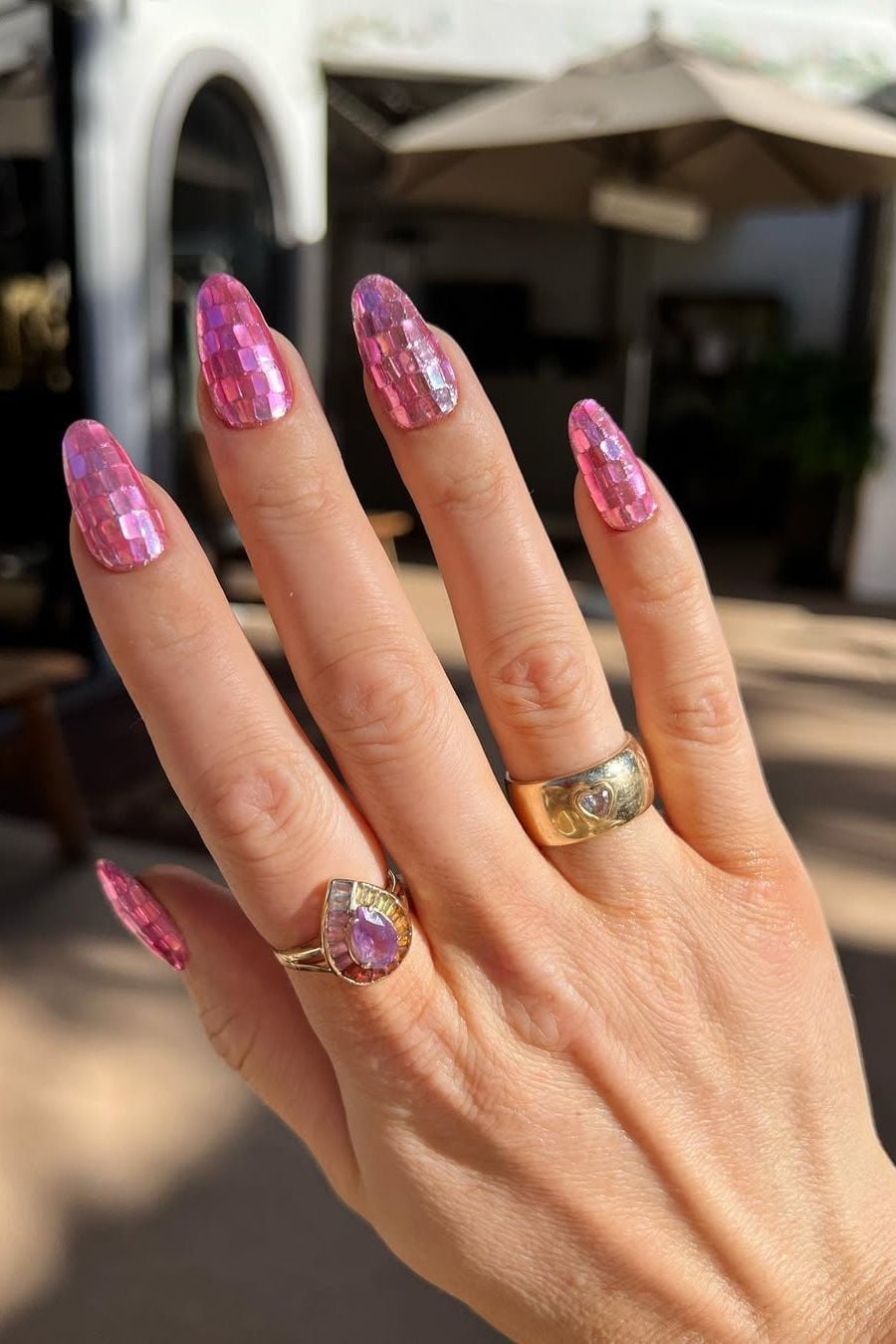 Medium Almond Pink Mosaic Tile Nails — New Years Eve Nails