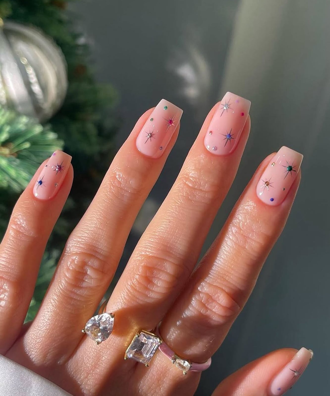 Short Square Pale Pink Rhinestone Confetti — New Years Eve Nails