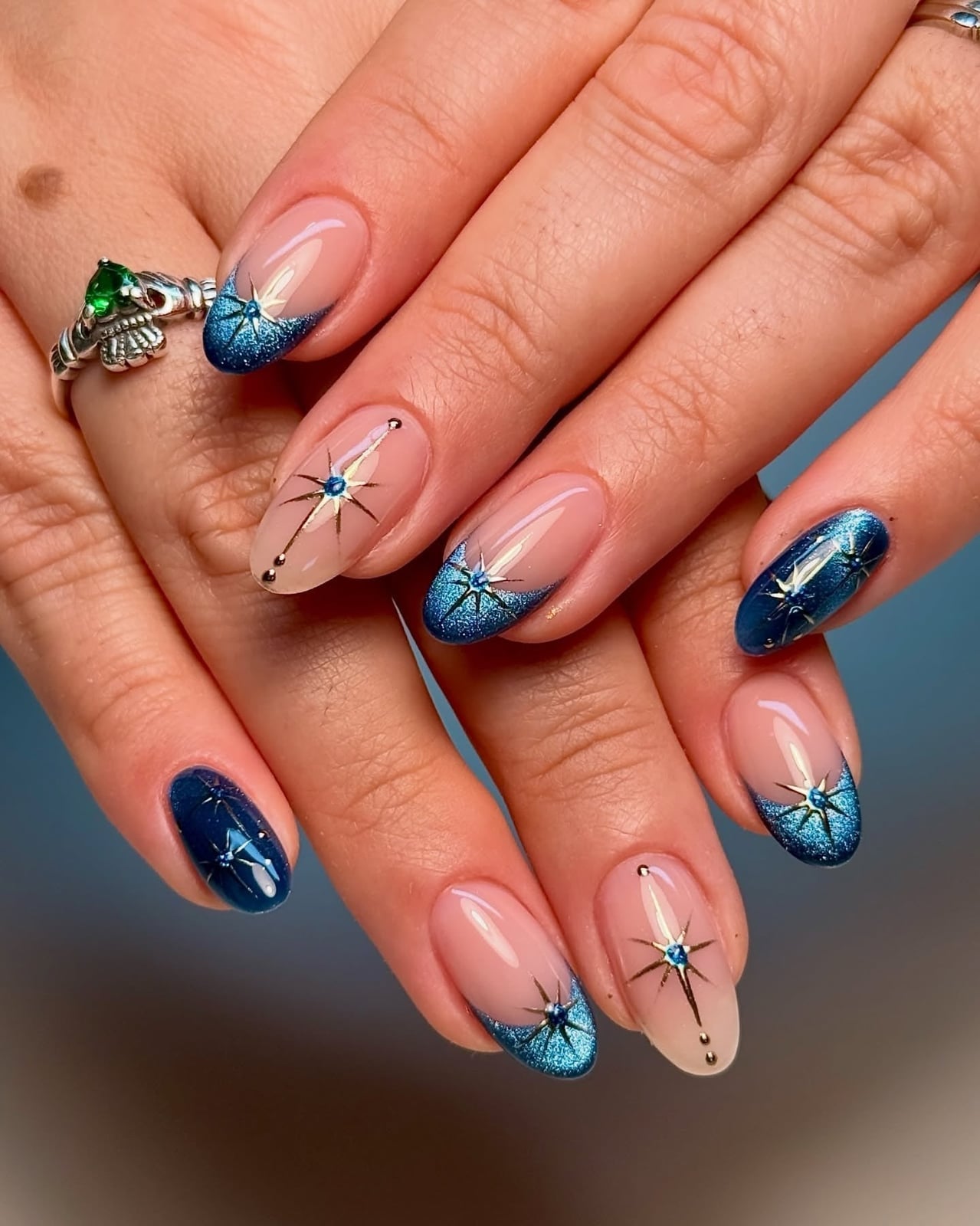 Medium Almond Navy French Tips Starbursts — New Years Eve Nails