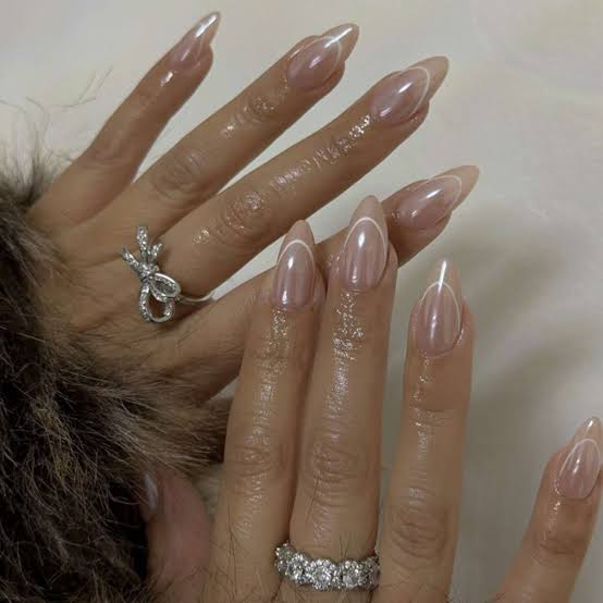 Long Almond Nude Shimmer Thin White French — New Years Eve Nails