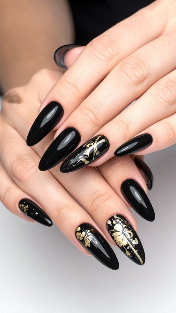 Long Almond Black Gold Foil Abstract — New Years Eve Nails