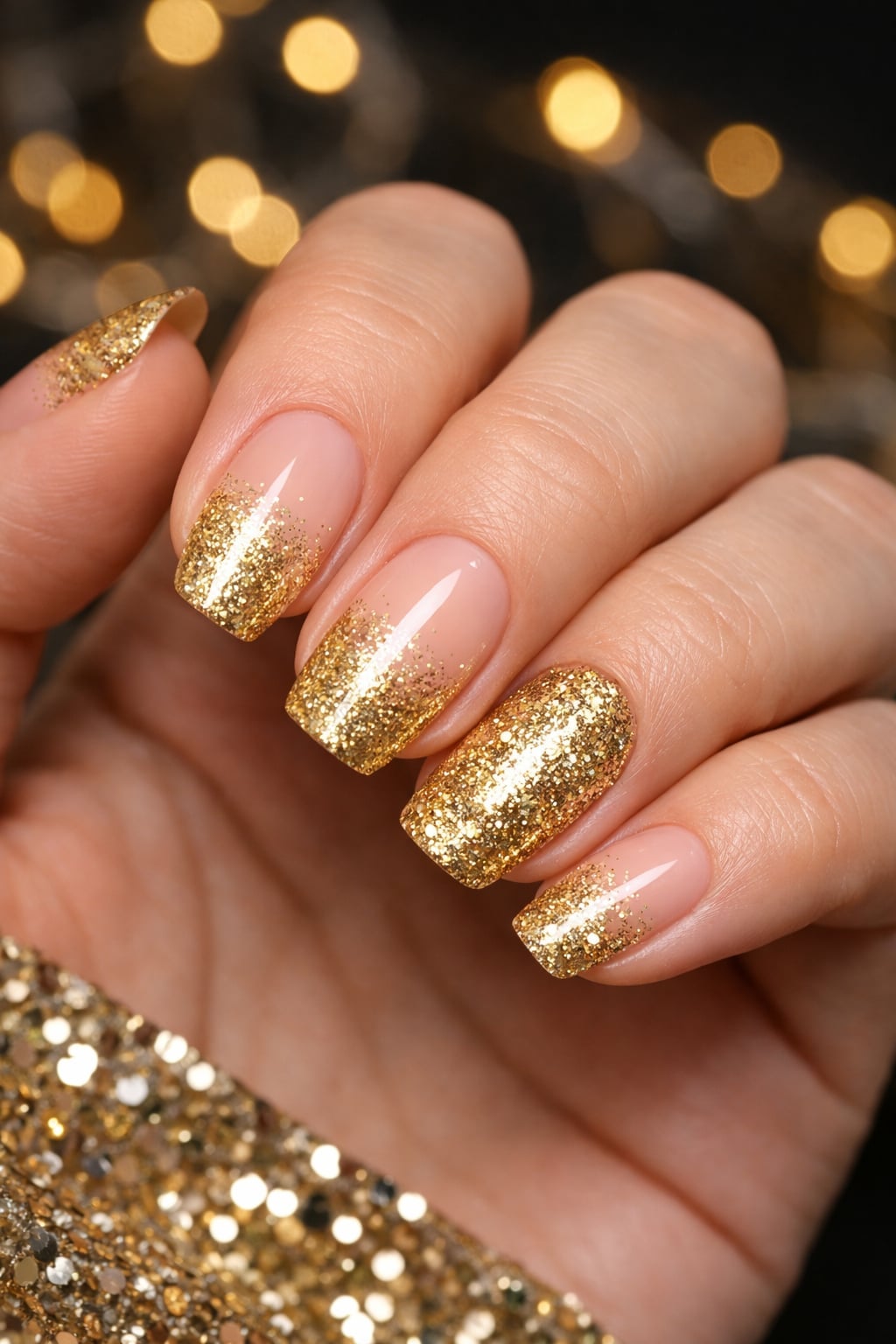 Short Square Gold Glitter Gradient Nails — New Years Eve Nails
