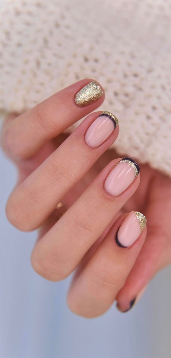 Short Soft Square Nude Gold Glitter Navy French — New Years Eve Nails