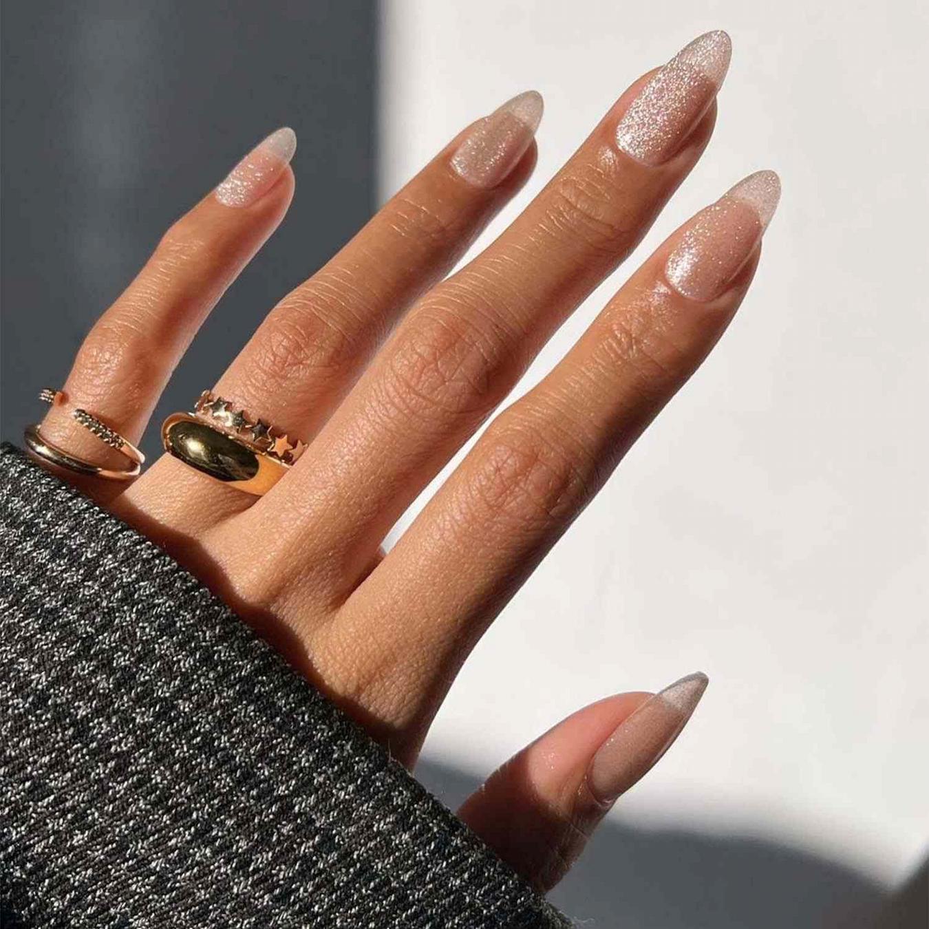 Long Stiletto Nude Gold Glitter Black Stars — New Years Eve Nails