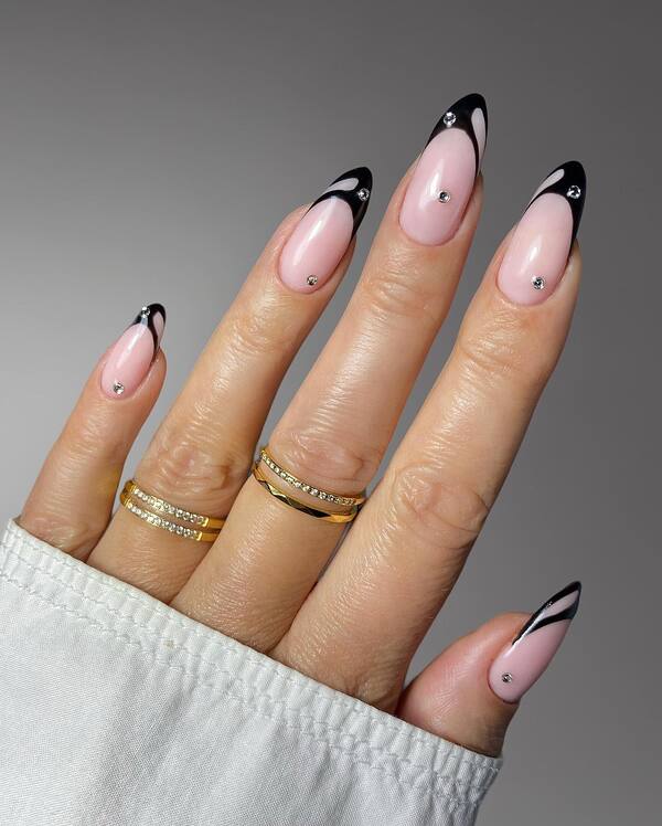 Medium Almond Pink Black French Rhinestones — New Years Eve Nails