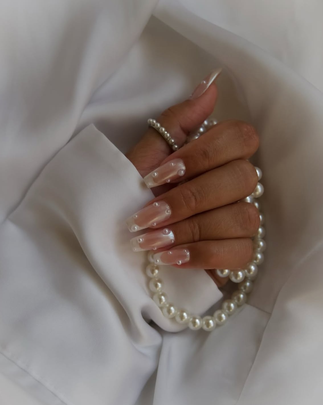 Very Long Square Milky White Pearl Beads — New Years Eve Nails