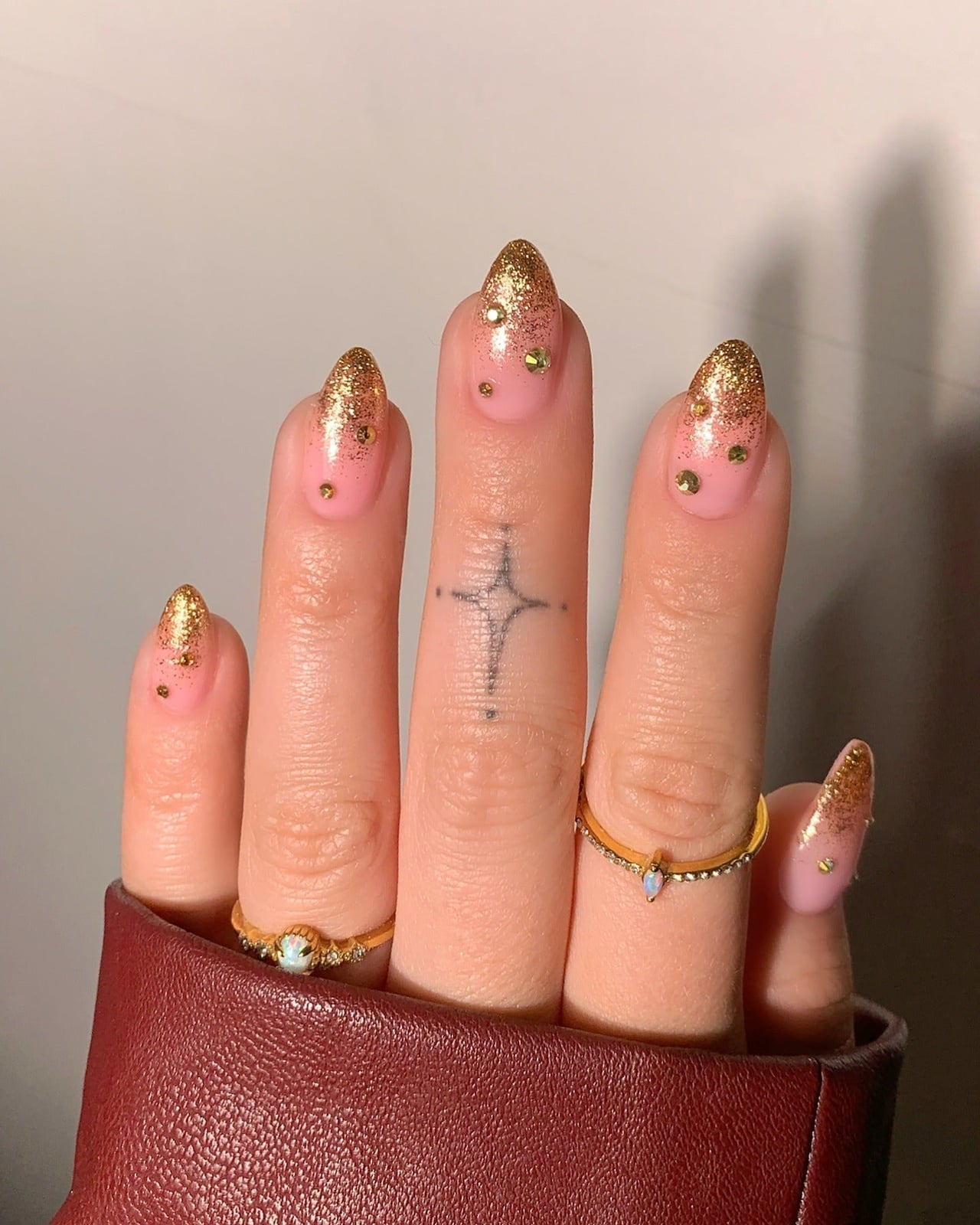 Medium Almond Pink Gold Glitter Dots — New Years Eve Nails