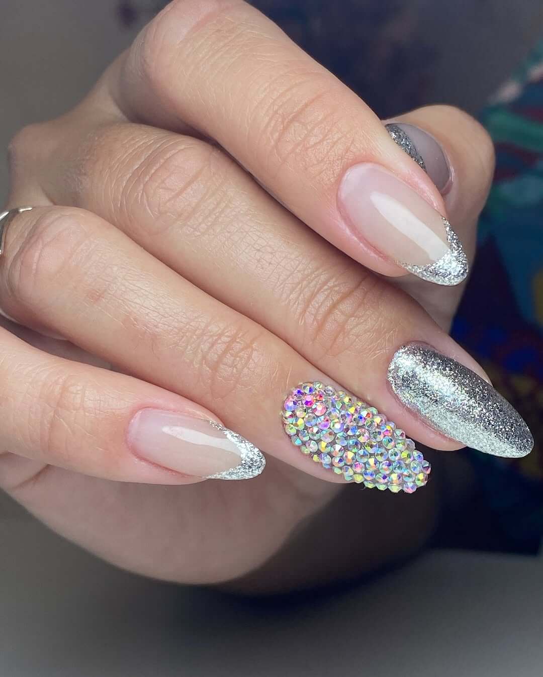 Medium Almond Nude Silver Glitter Rhinestone — New Years Eve Nails