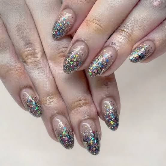 Medium Almond Multi-Colored Glitter Gradient — New Years Eve Nails