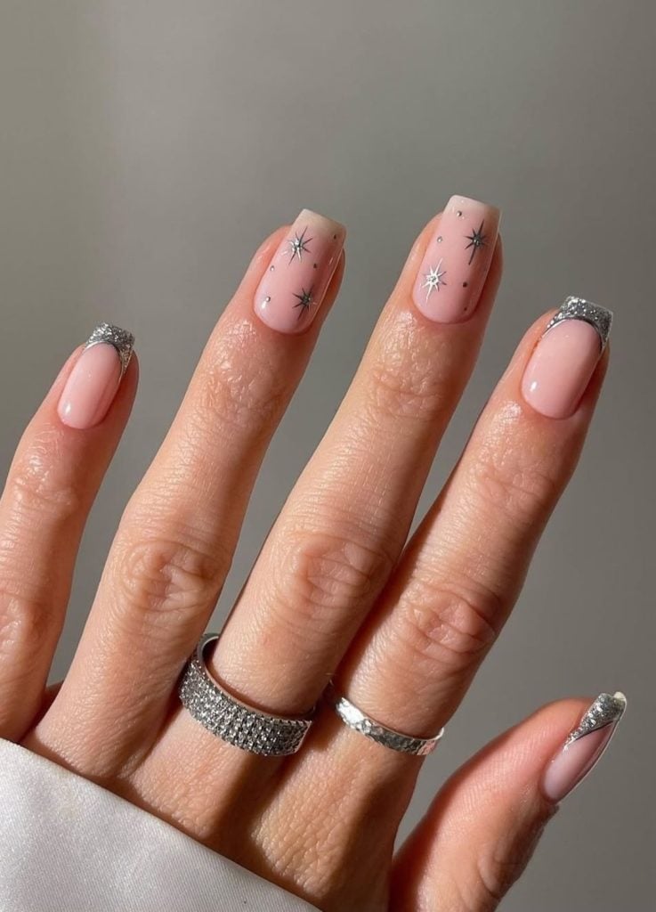 Medium Square Pink Base Silver Star French — New Years Eve Nails