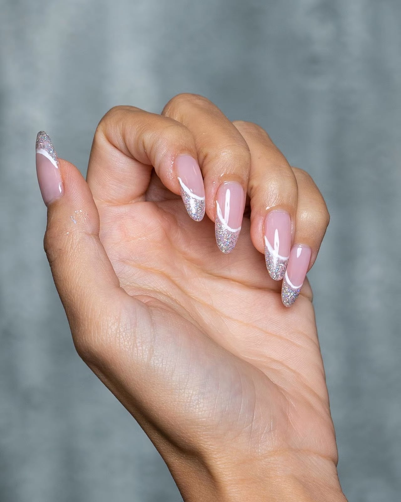 Medium Almond Pink Glitter French White Lines — New Years Eve Nails