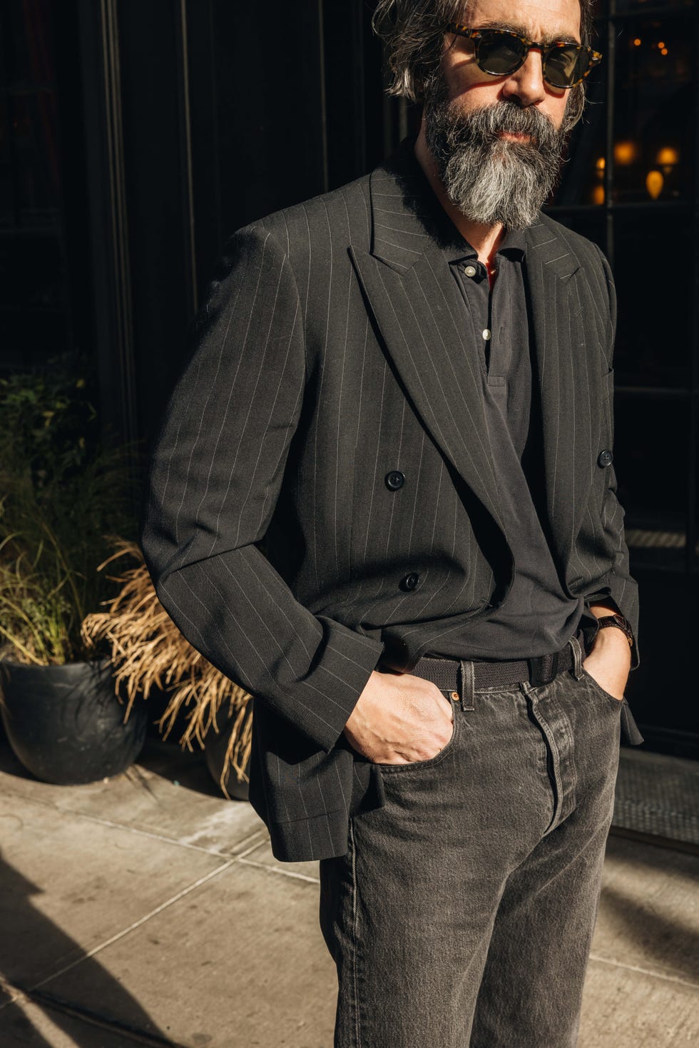 Pinstripe Double-Breasted Blazer for Smart Casual, Close-Up Take — New Years Eve Outfits Men