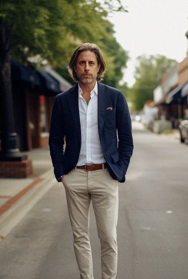 Navy Blazer with Beige Trousers for Smart Casual, Brown Leather Belt — New Years Eve Outfits Men