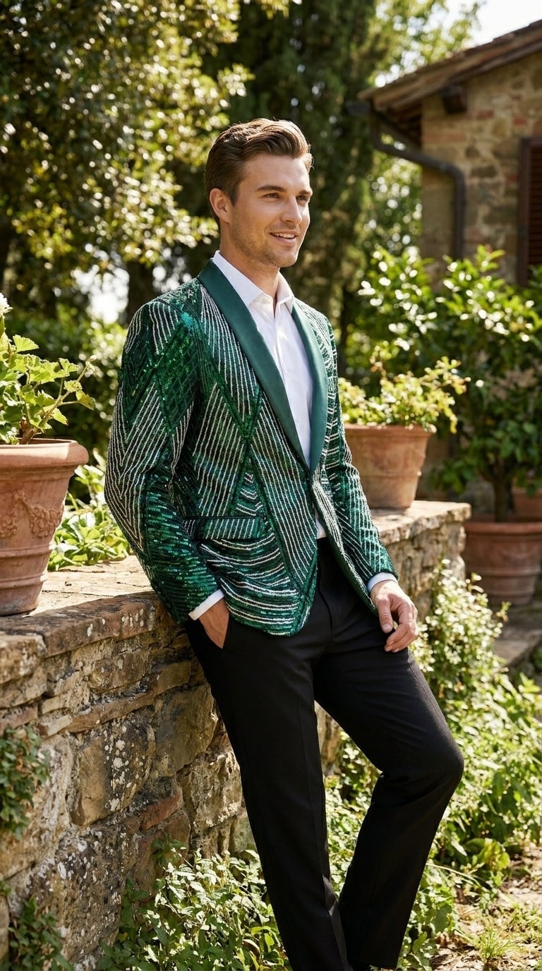 Green Sequined Blazer for New Year's Eve Party, White Dress Shirt — New Years Eve Outfits Men