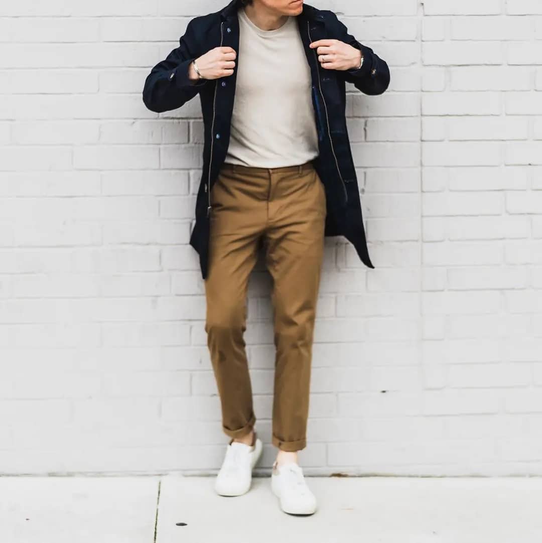 Dark Long Coat with Tan Trousers for Casual, Office-Safe Version — New Years Eve Outfits Men