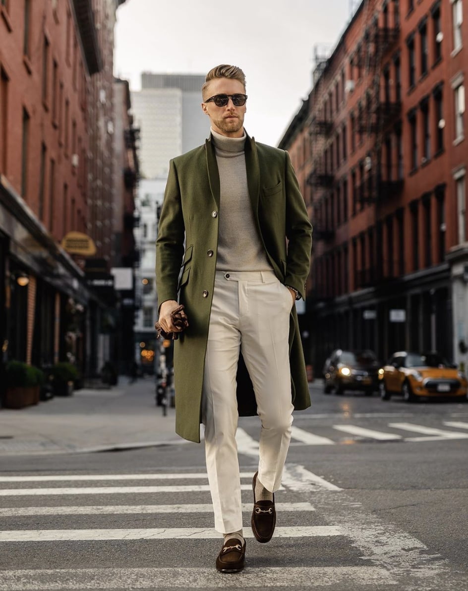Olive Overcoat with Turtleneck and Trousers — New Years Eve Outfits Men