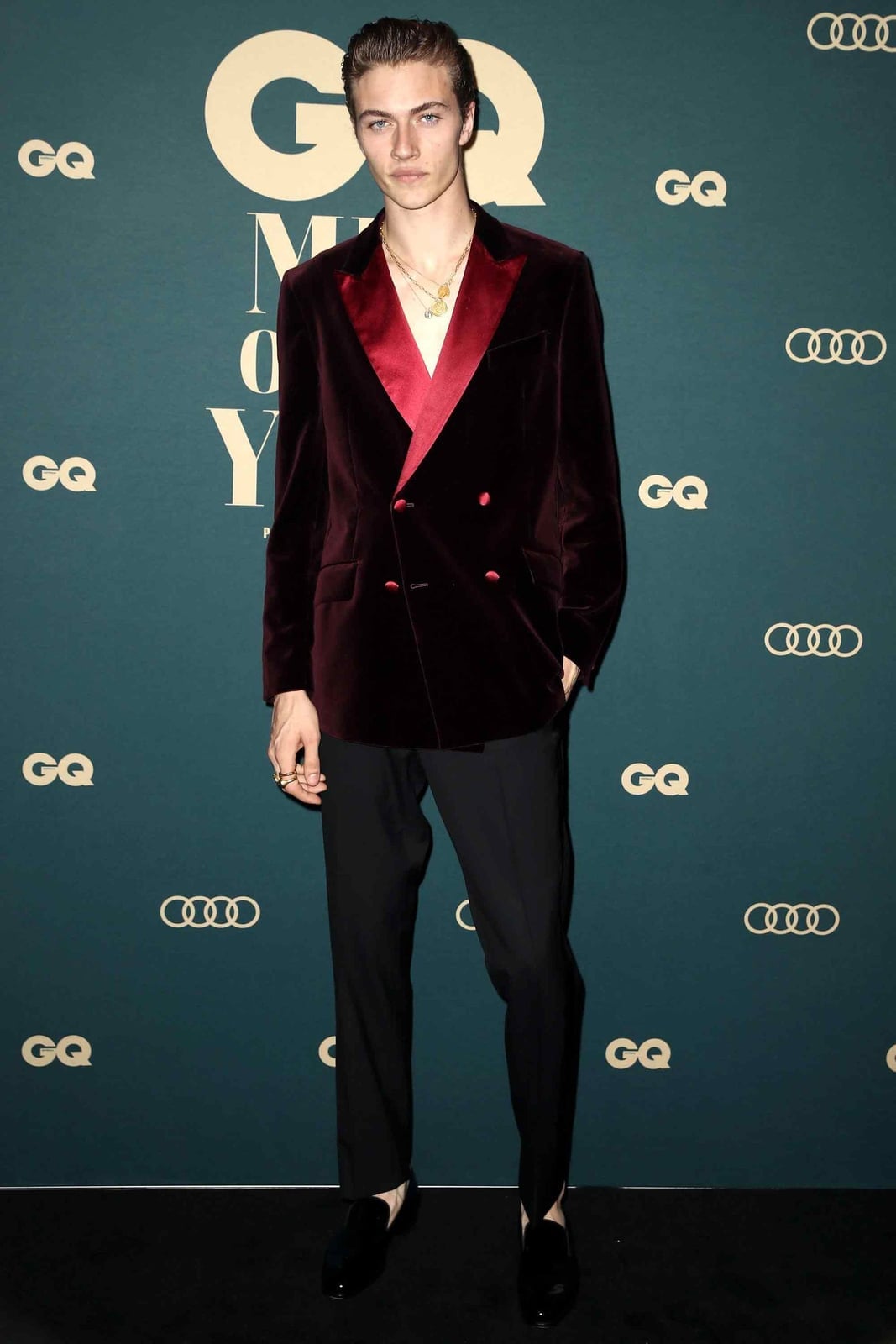 Burgundy Velvet Tuxedo Jacket with Gold Accessories — New Years Eve Outfits Men