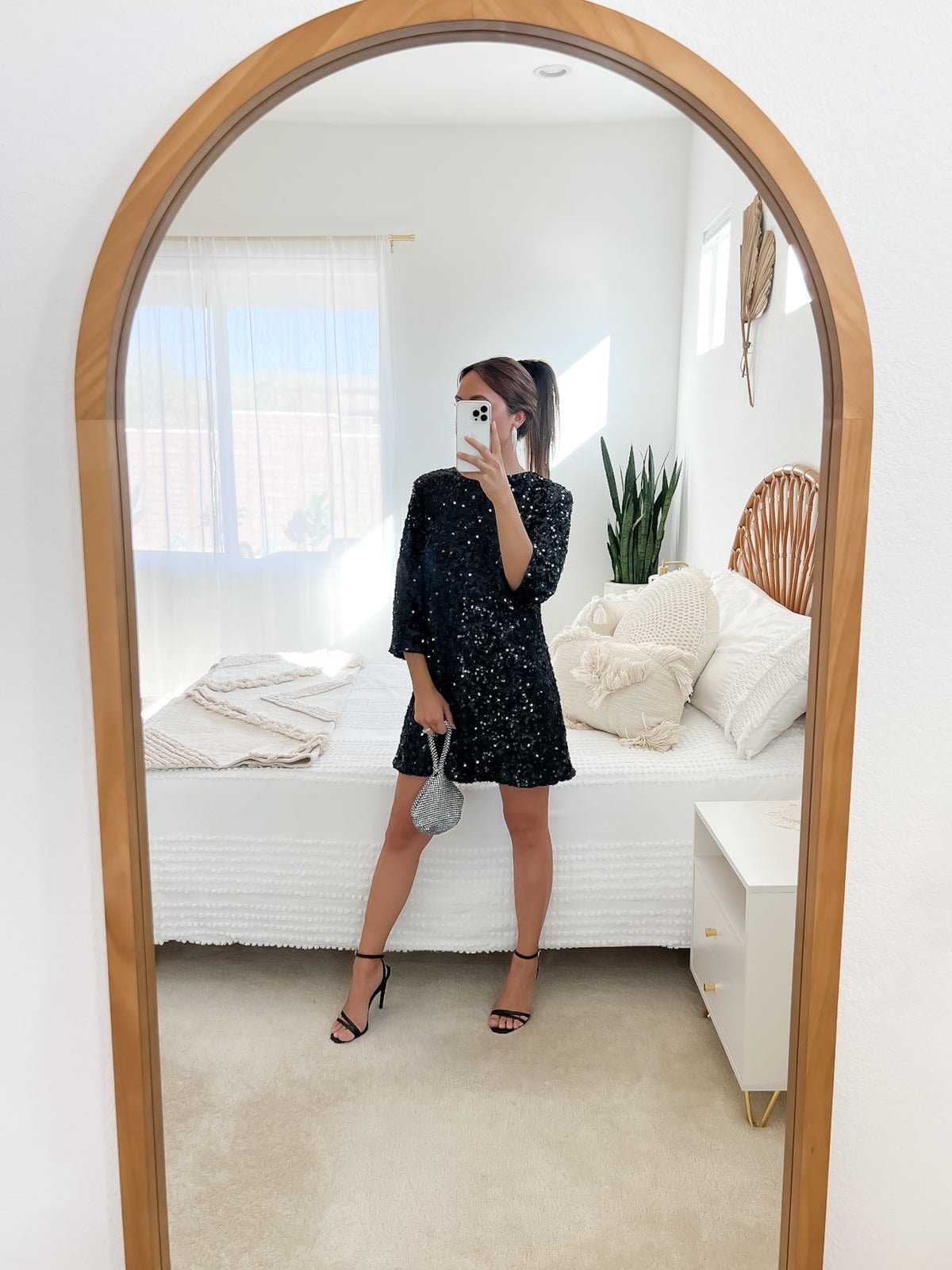 Black sequined mini dress with A-line silhouette — New Years Outfit