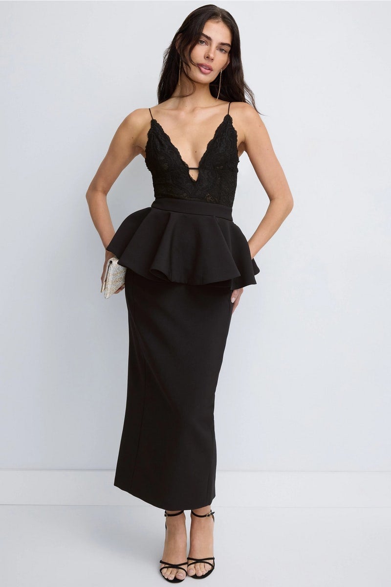 Peplum top with pencil skirt and lace camisole — New Years Outfit