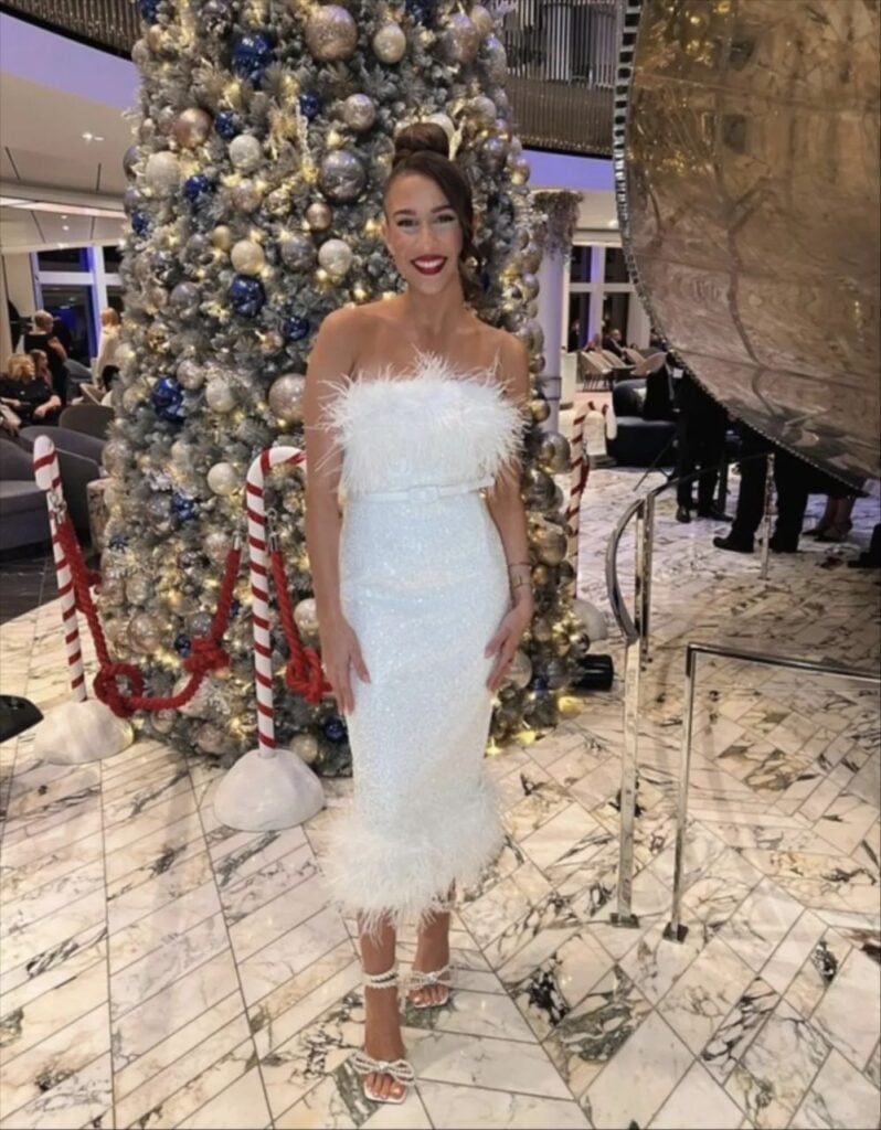 Strapless sequined midi dress with feather trim — New Years Outfit