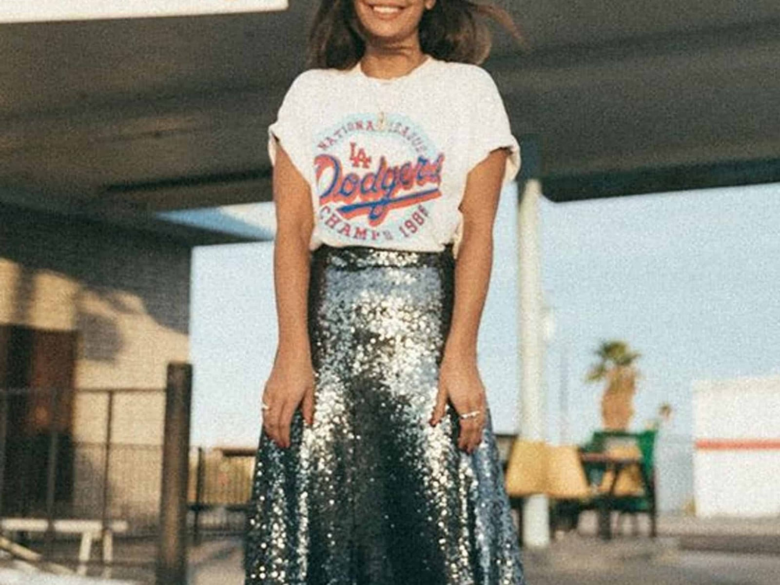 Graphic t-shirt with shimmering silver sequined midi skirt — New Years Outfit