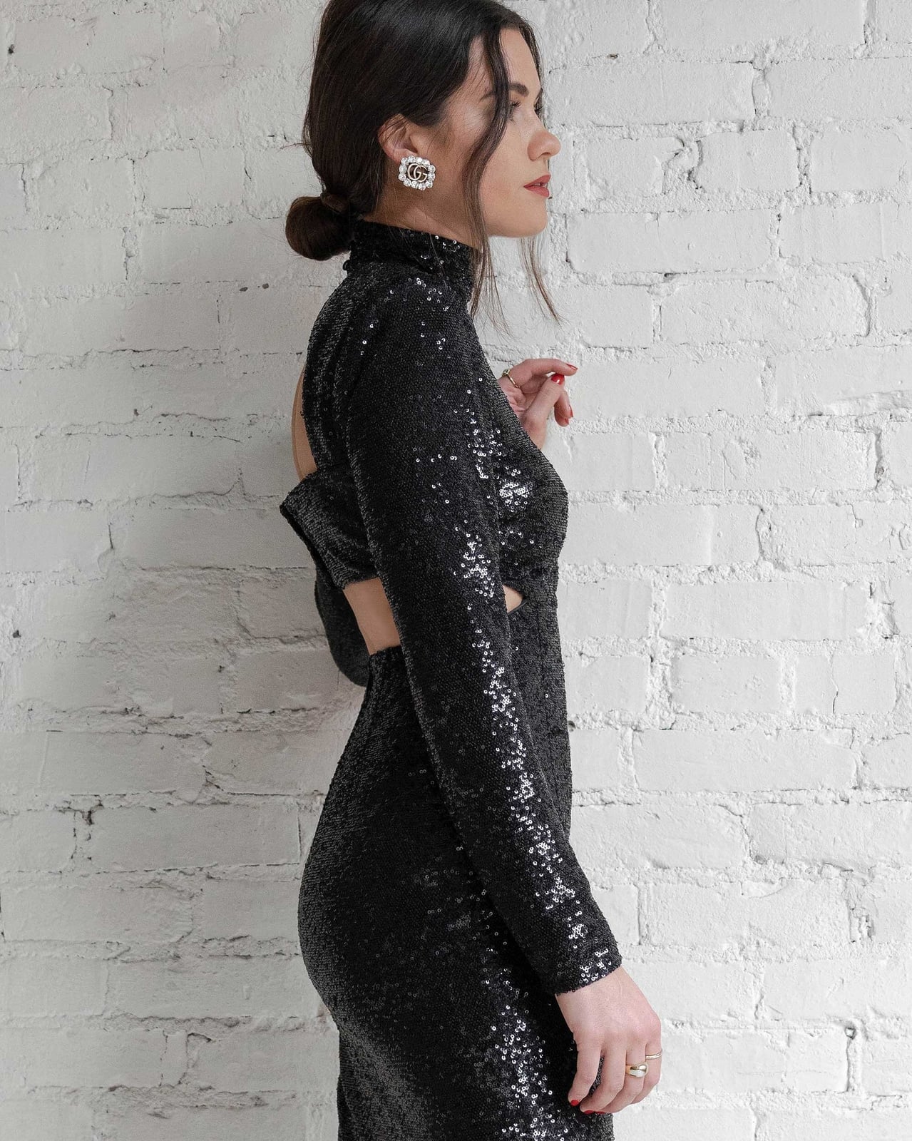 Black sequined long-sleeve dress with back cut-out — New Years Outfit