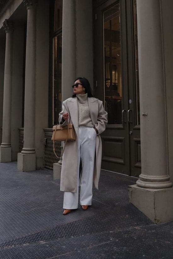 Tailored Beige Coat with White Trousers — New York Winter Outfit