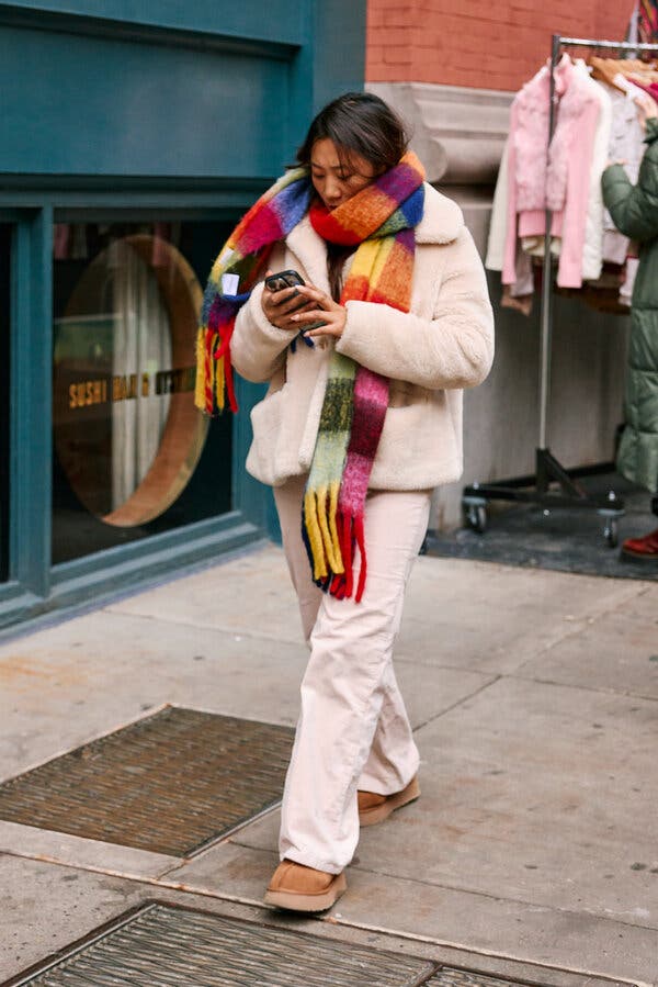Cream Fluffy Jacket with Rainbow Scarf — New York Winter Outfit