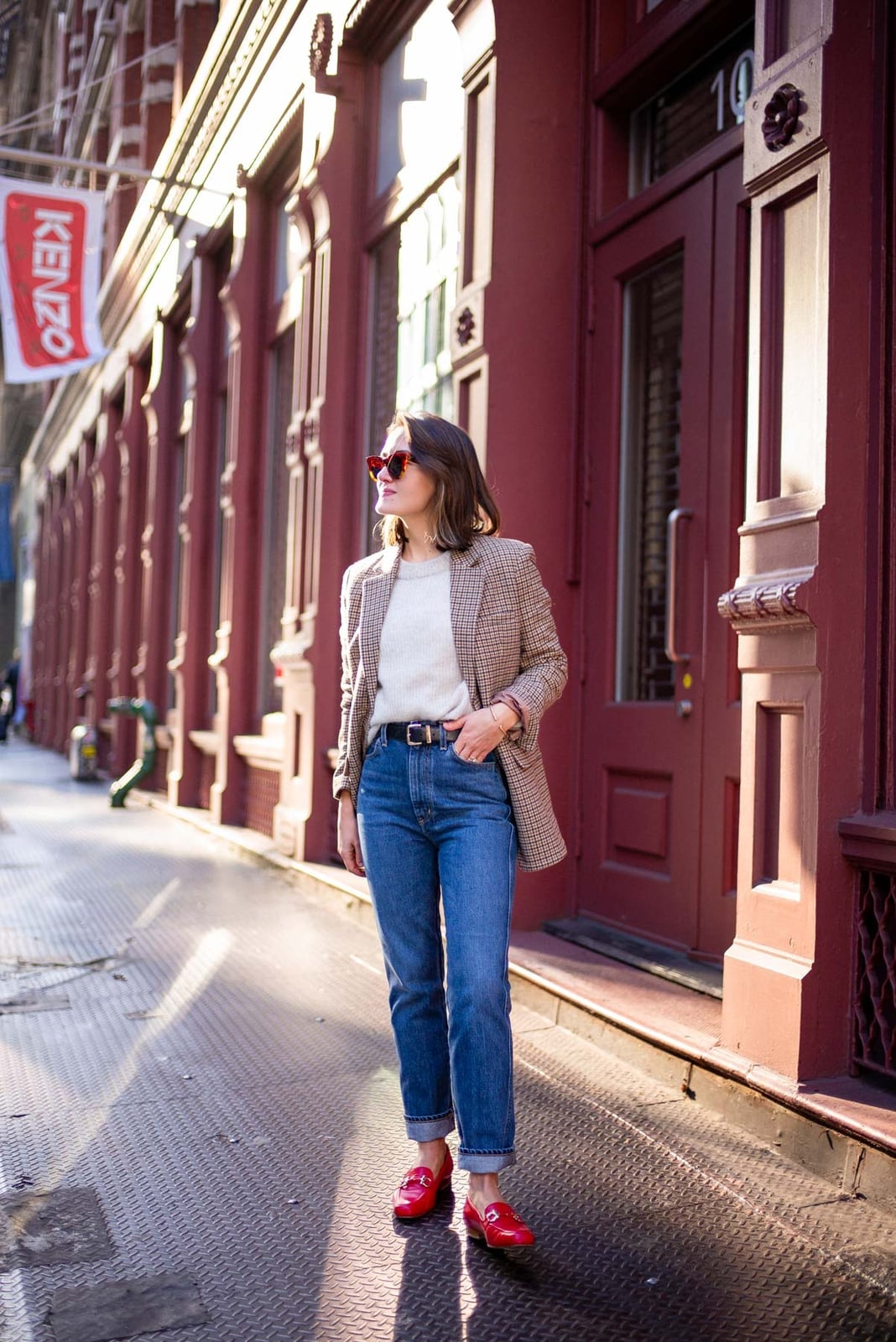 Plaid Blazer with Cream Sweater and Blue Jeans — New York Winter Outfit