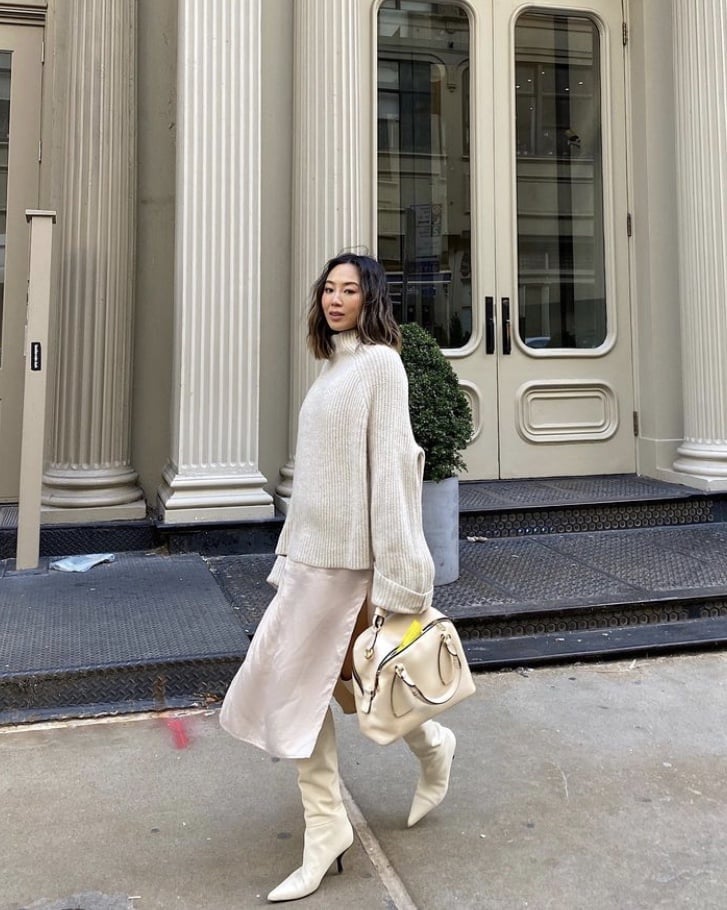 Oversized Knit Sweater with Satin Slip Skirt — New York Winter Outfit