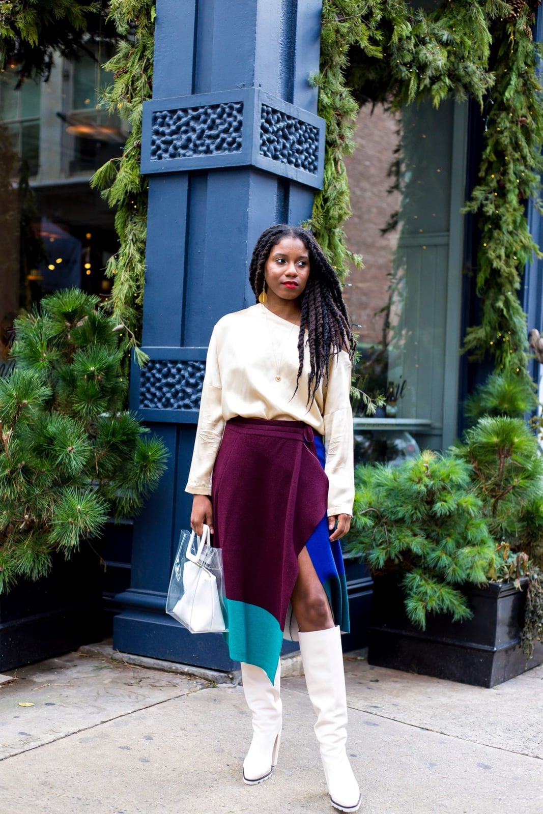 Color-Blocked Wrap Skirt with Knee-High Boots — New York Winter Outfit