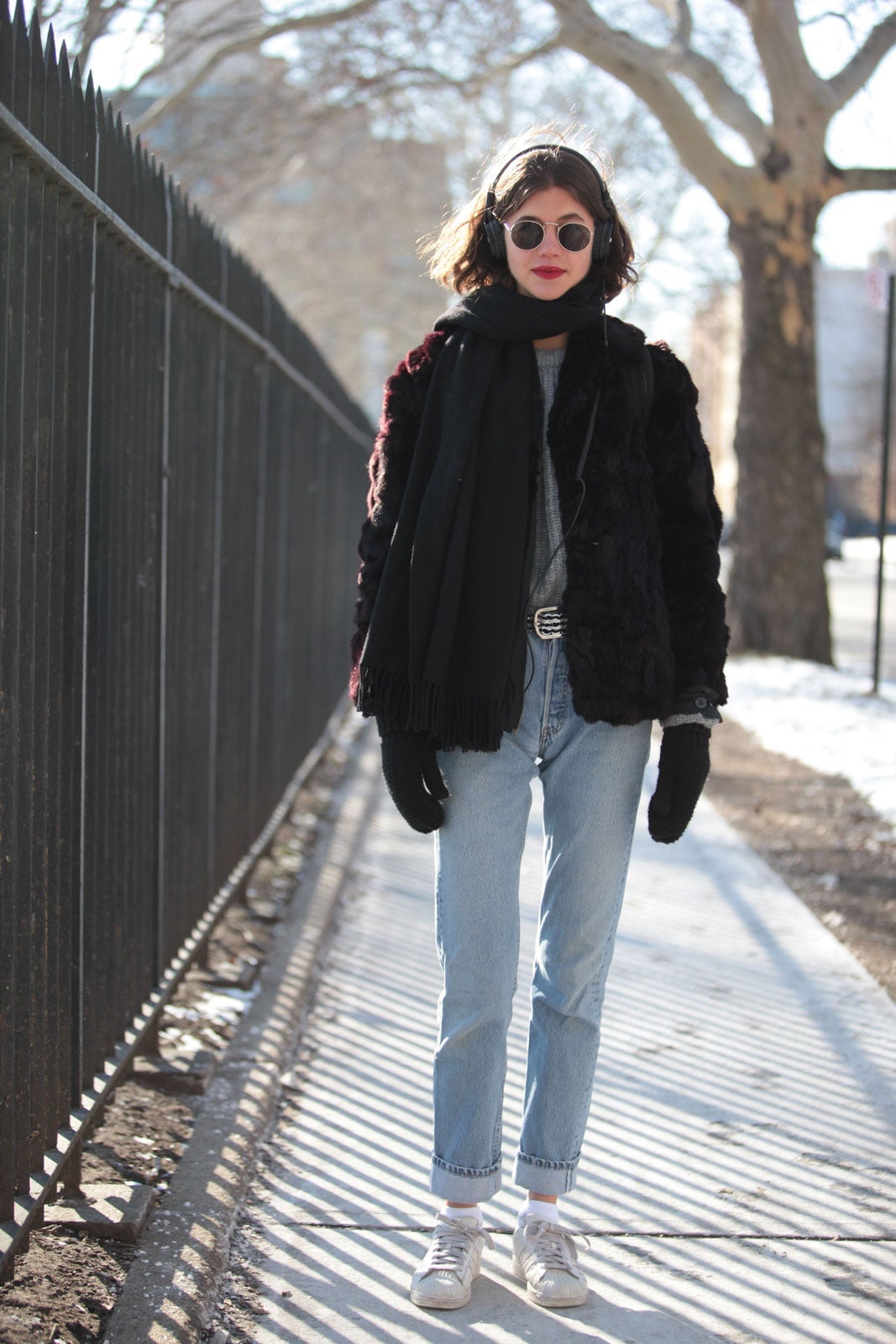 Black Faux Fur Jacket with Gray Sweater — New York Winter Outfit