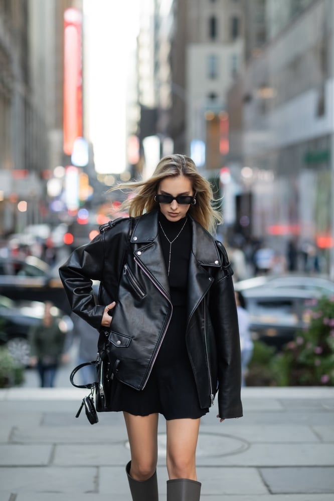 Oversized Leather Moto Jacket with Mini Dress — New York Winter Outfit