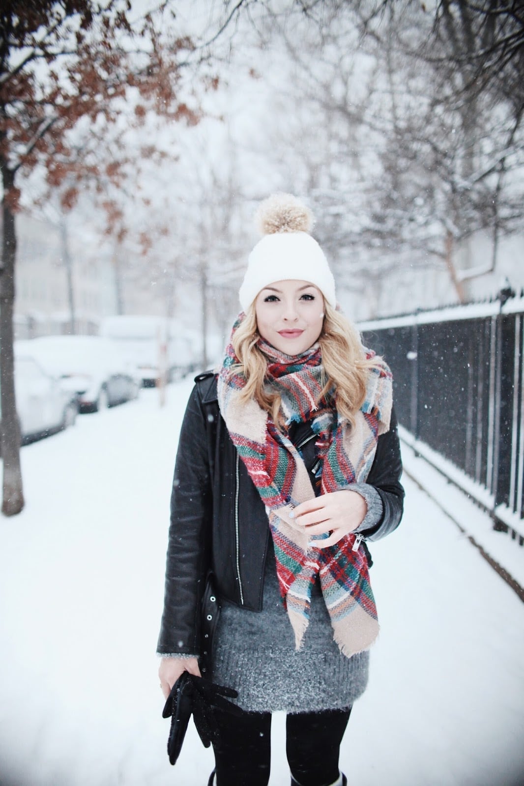 Black Leather Jacket with Large Plaid Scarf — New York Winter Outfit