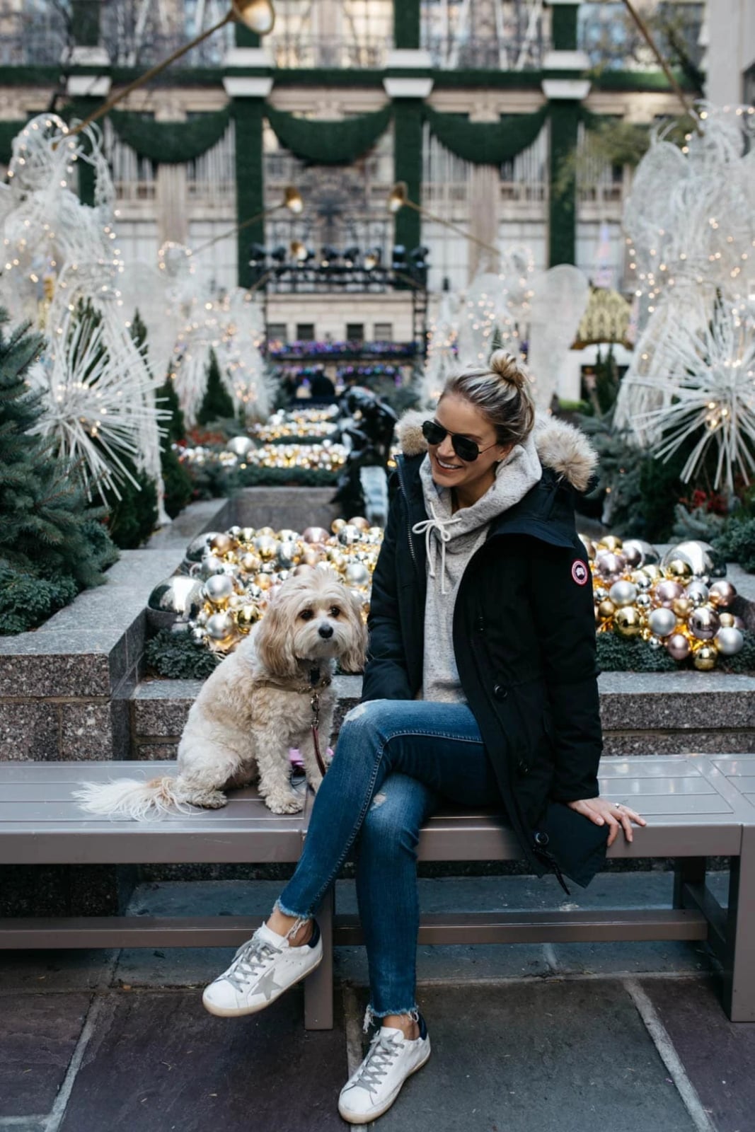 Black Puffer Coat with Gray Hoodie — New York Winter Outfit