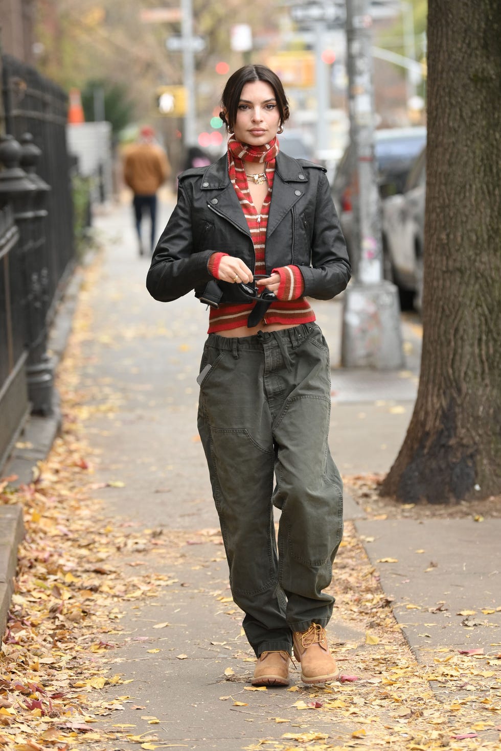 Olive Cargo Pants with Leather Jacket — New York Winter Outfit