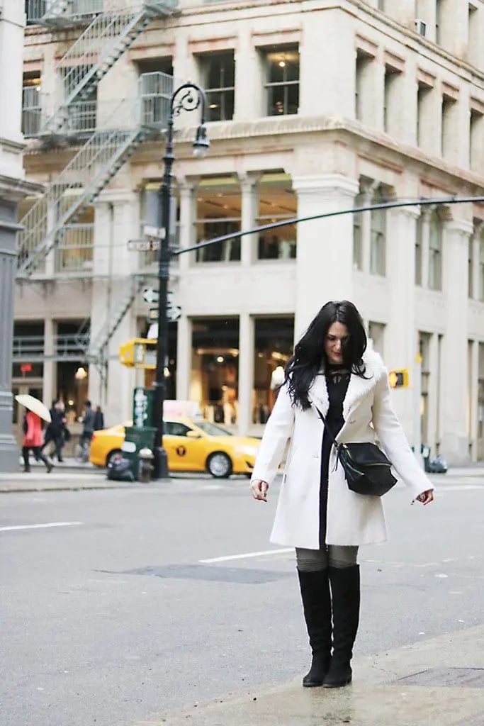 White Wool Coat Over Black Dress — New York Winter Outfit