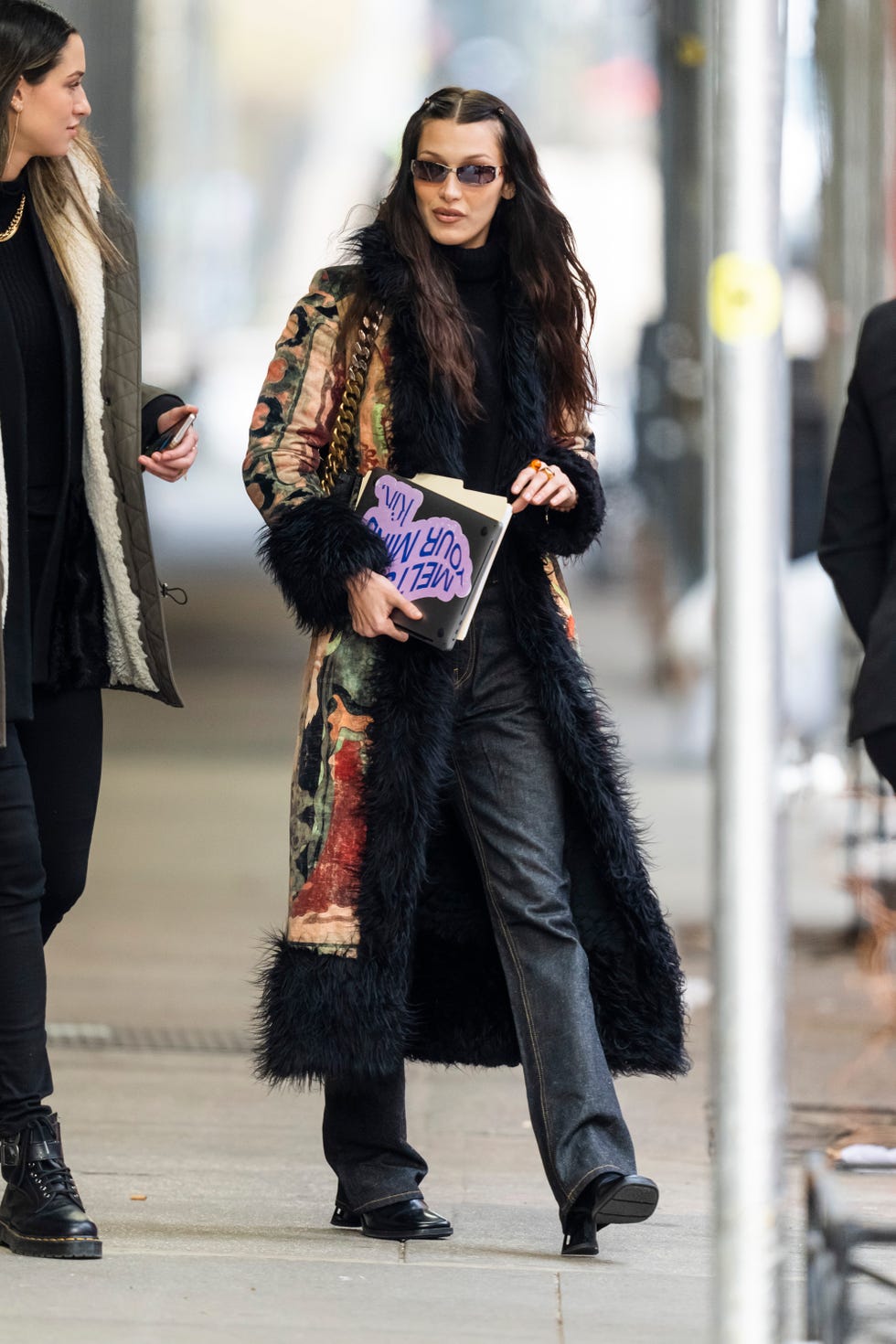70s Inspired Patterned Coat with Faux Fur Trim — New York Winter Outfit