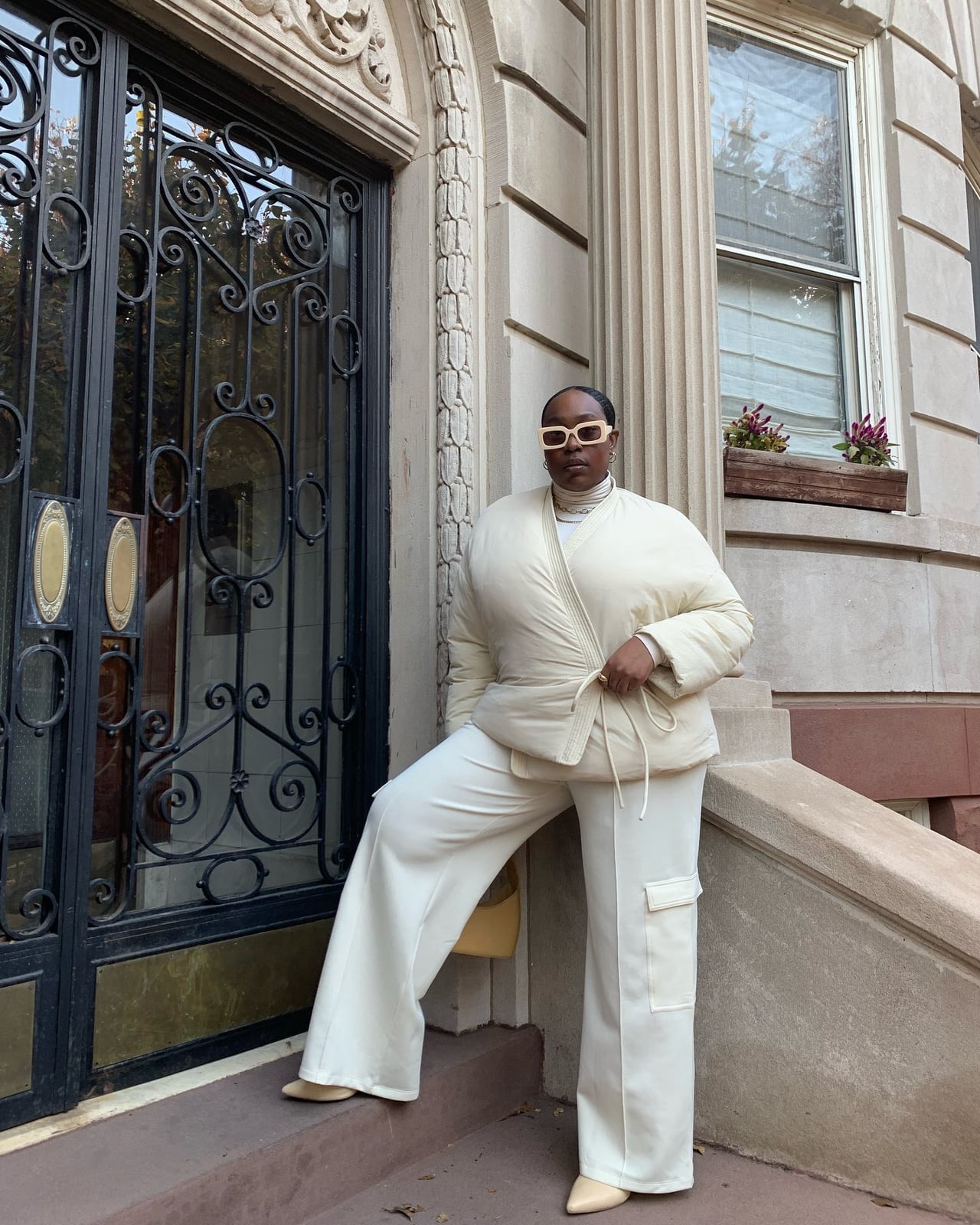 Monochromatic Cream Quilted Jacket and Pants — New York Winter Outfit