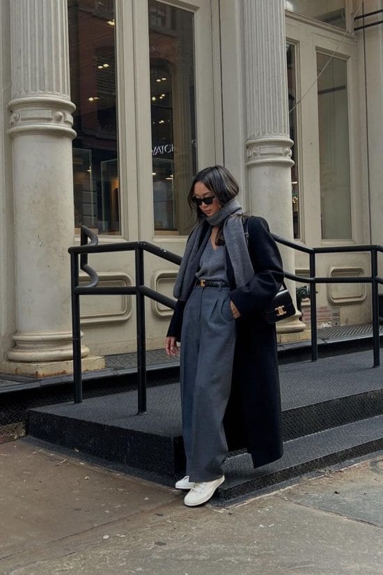 Long Black Wool Coat with Gray Trousers — New York Winter Outfit