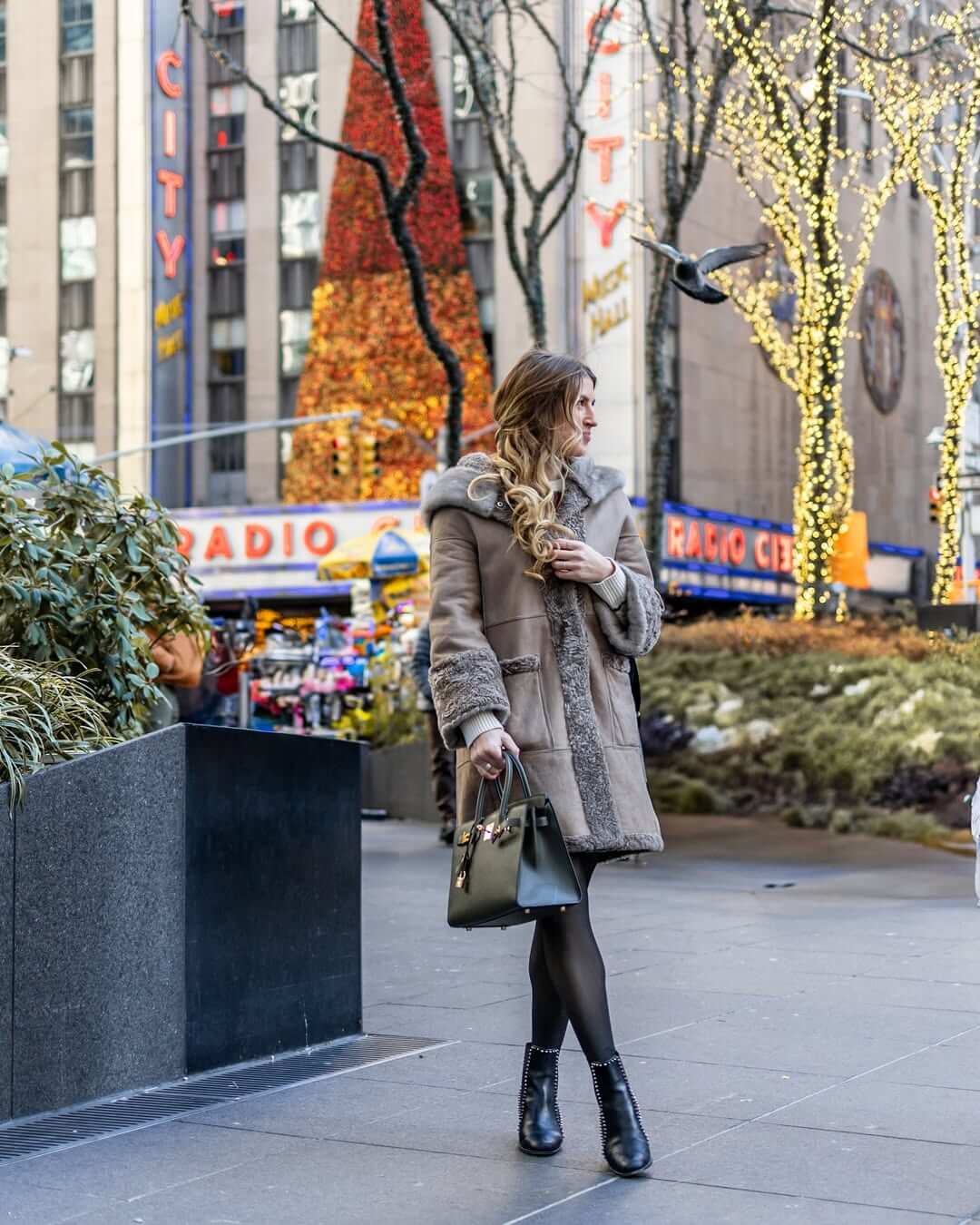 Beige Faux Fur Coat with Gray Knit Sweater — New York Winter Outfit
