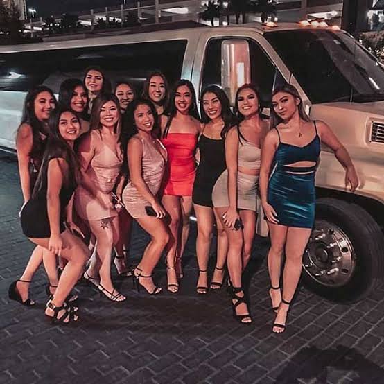 Women in Various Dresses Near a Limousine — Night Club Outfit