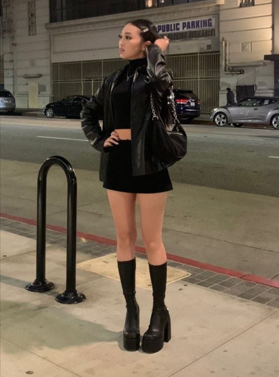 Black Leather Jacket Over Crop Top and Mini Skirt — Night Club Outfit