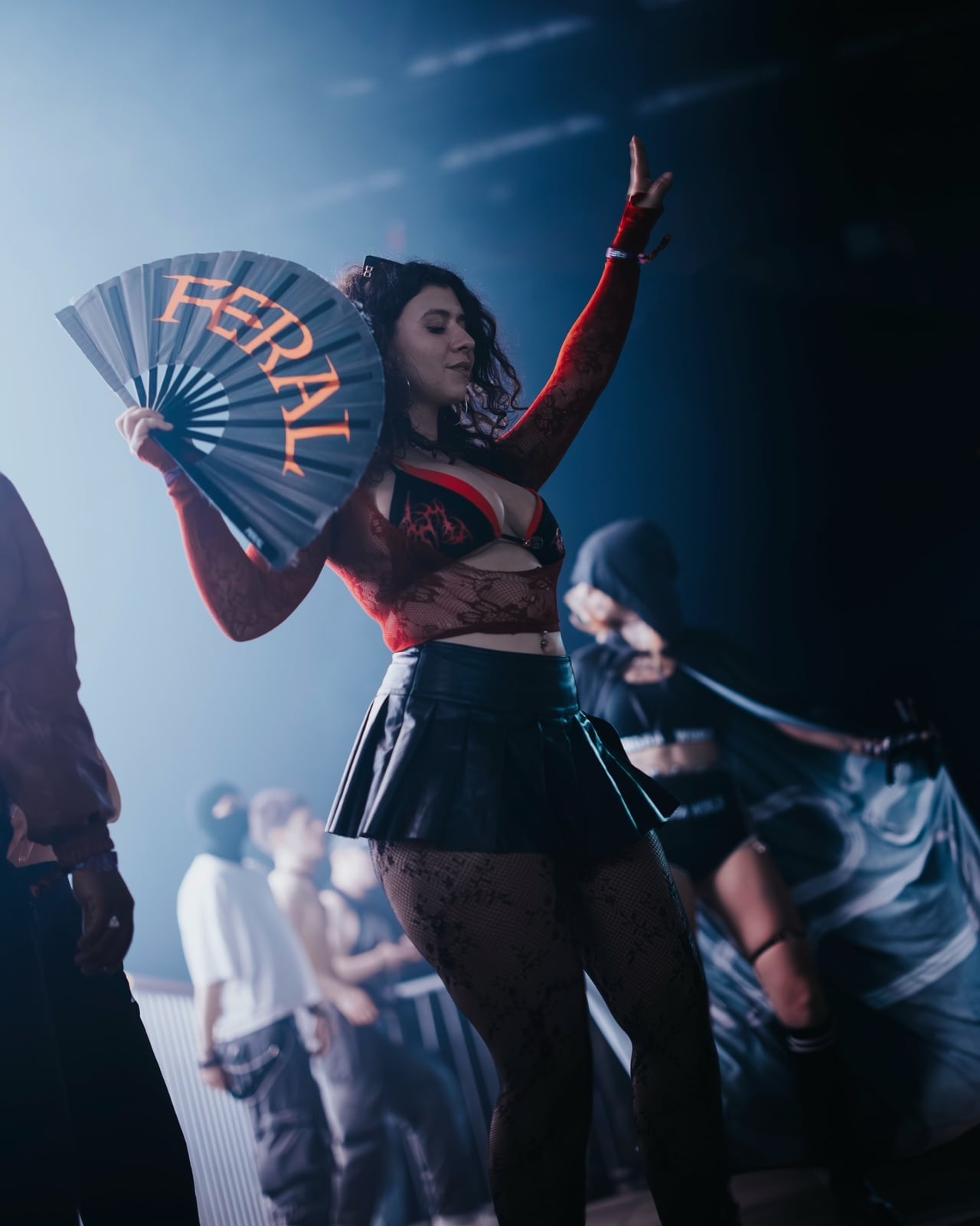 Red Lace and Mesh Top with Faux Leather Skirt — Night Club Outfit
