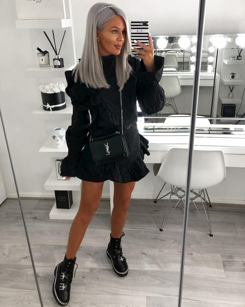Black Ruffled Mini Dress with Combat Boots — Night Club Outfit