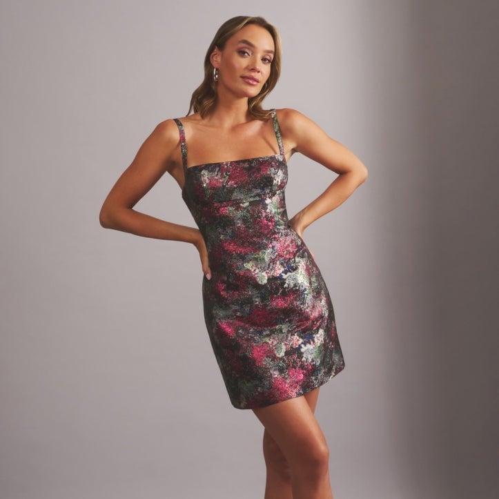 Metallic Floral Brocade Spaghetti Strap Mini Dress — Night Club Outfit