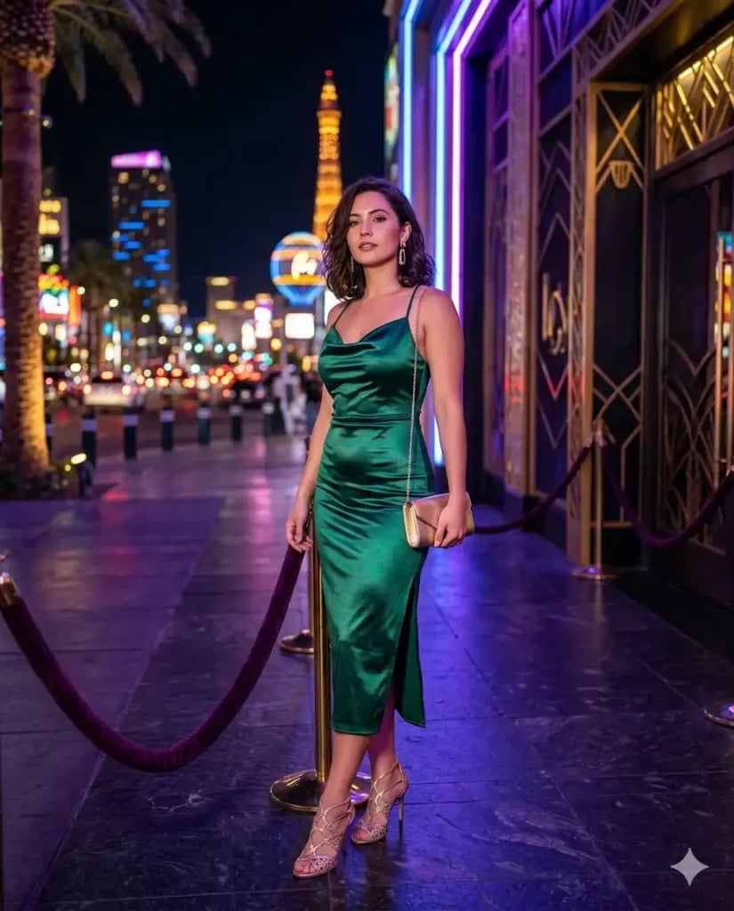 Emerald Green Satin Slip Dress with High Slit — Night Club Outfit